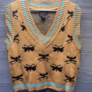 Runway 7 Sweater Vest Women’s Medium Orange Black Teal Butterfly Dragonfly